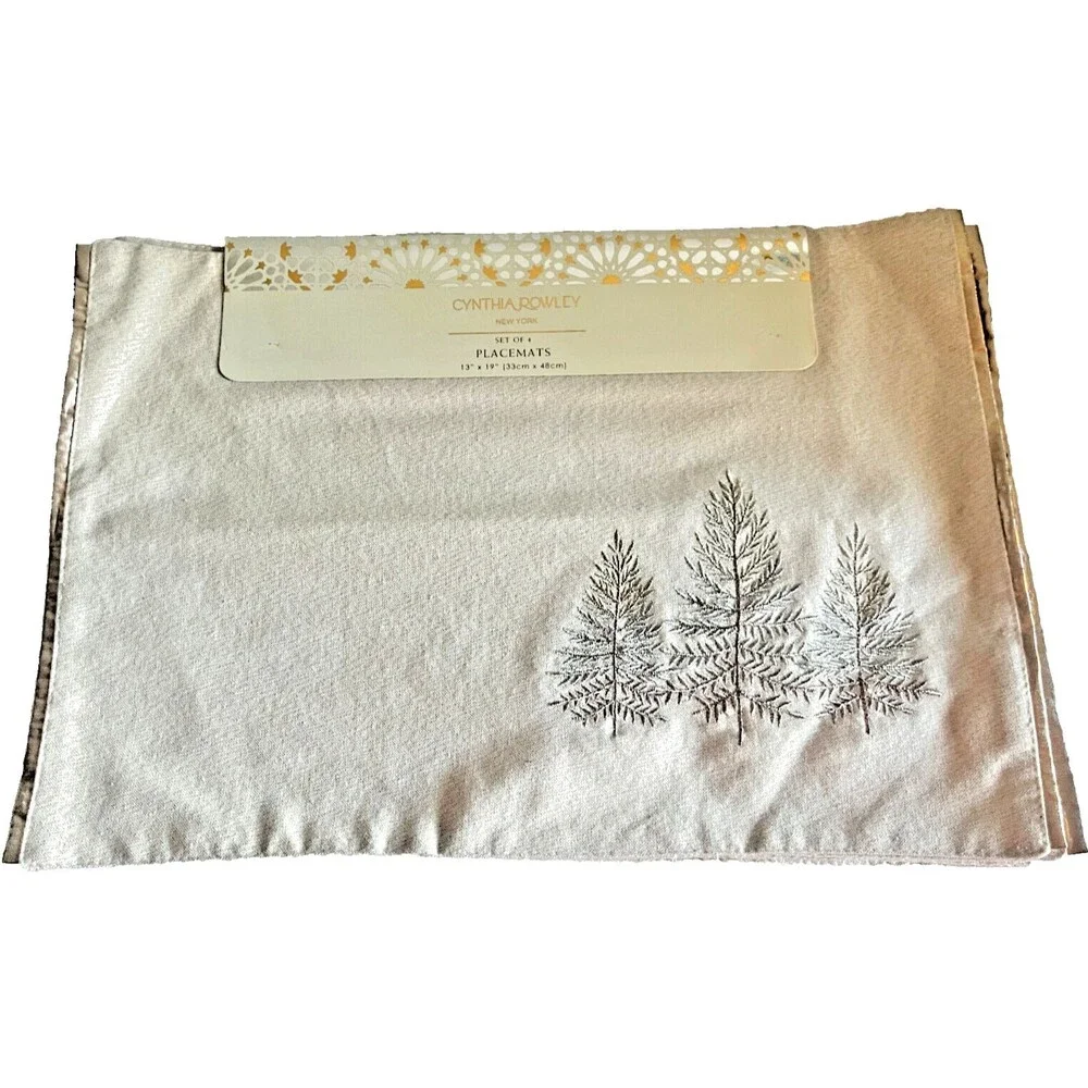 Cynthia Rowley Gold Tree Embroidered Placemats Set of 4 Gold Edged Lined Holiday